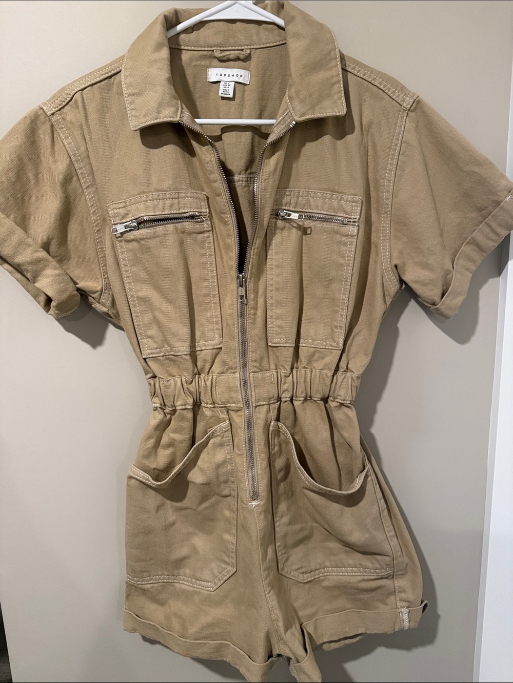Topshop Tan Utility Short-Sleeve Zip Romper Jacket